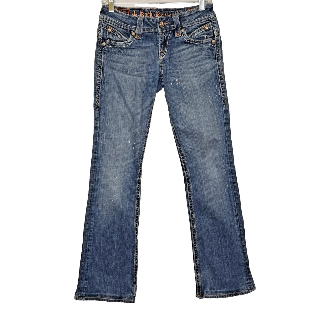 Rock Revival Patti Boot Cut Jeans Womens 27 Medium Distressed Denim Flap Pockets